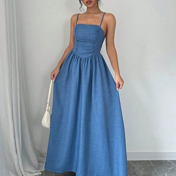 Dusty Blue Elegant Women's Solid Color Ruffle Hem Dress - Picture 3 of 6